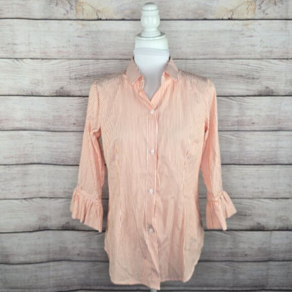 Gretchen Scott Priss Brooks Blouse Orange Striped Button Front Top Size Small - Picture 1 of 8